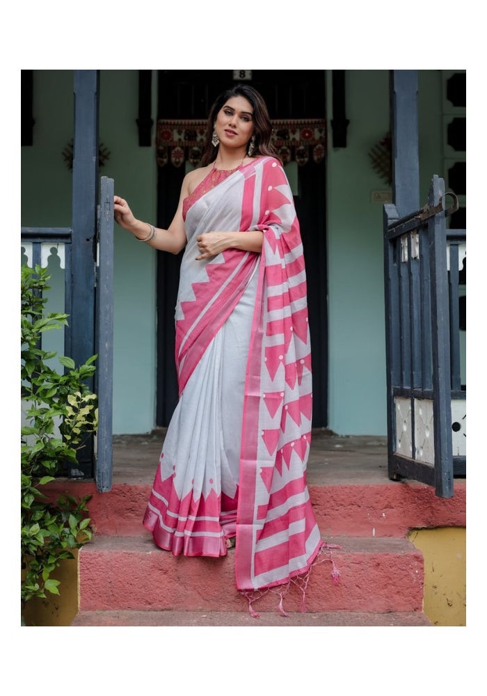 Malishka Export Grey Linen Cotton Graphic Pattern Saree for Women - Image 1